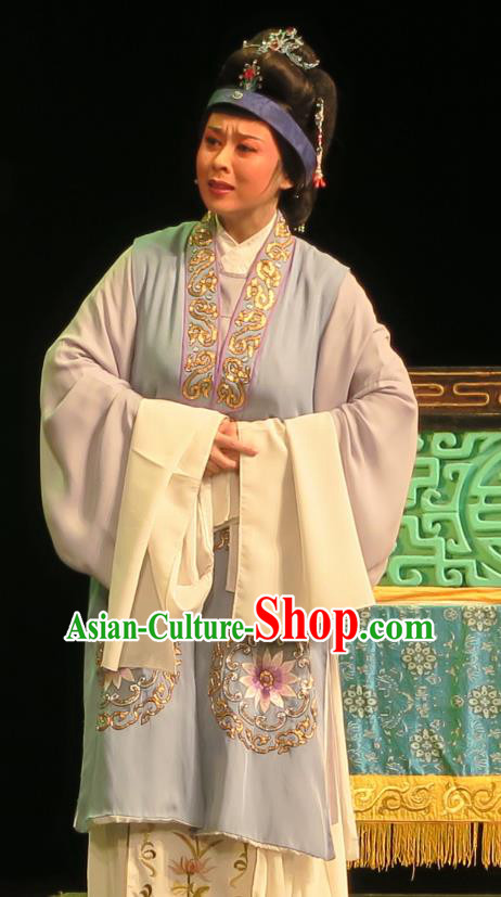 Chinese Shaoxing Opera Laodan Blue Cape Dress Yue Opera Wu Nv Bai Shou Costumes Elderly Female Garment Dame Apparels and Headdress