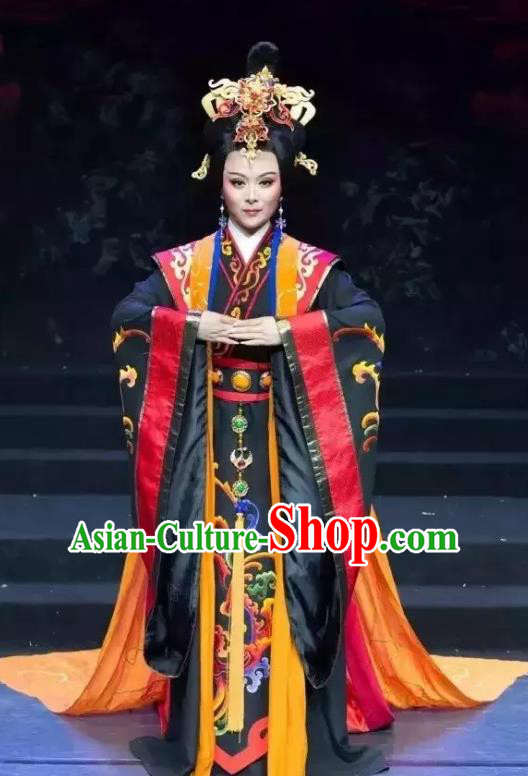 Chinese Shaoxing Opera Queen Dou Dress Costume and Headdress Yue Opera Apparels Court Lady Empress Garment