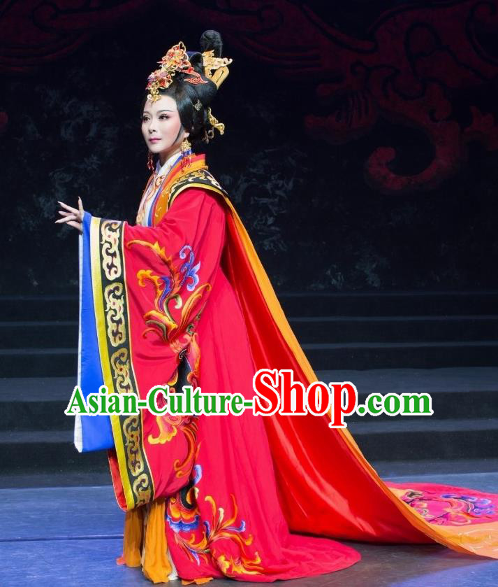 Chinese Shaoxing Opera Empress Dress Costume and Headdress Yue Opera Apparels Court Lady Han Dynasty Queen Garment