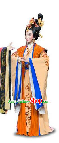 Chinese Shaoxing Opera Han Xing Wei Yang Empress Dou Dress Costume and Headdress Yue Opera Han Dynasty Queen Court Lady Garment Apparels