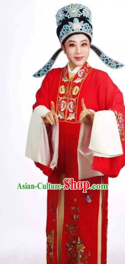 Chinese Yue Opera Bridegroom Wedding Costumes and Headwear A Bride For A Ride Shaoxing Opera Garment Apparels Young Male Xiaosheng Clothing