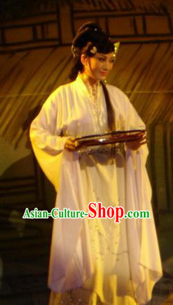 Chinese Shaoxing Opera Young Female White Dress Costumes and Headpieces Hu Die Meng Butterfly Dream Apparels Yue Opera Hua Tan Tian Xiu Garment