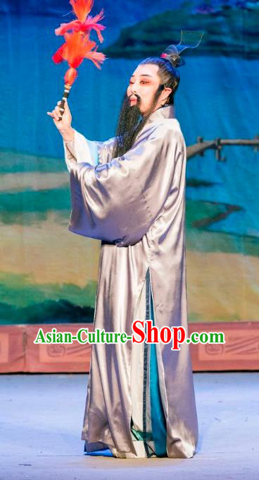 Chinese Yue Opera Elderly Man Apparels Costumes and Headpiece Hu Die Meng Butterfly Dream Shaoxing Opera Laosheng Garment Zhuang Zhou Grey Robe