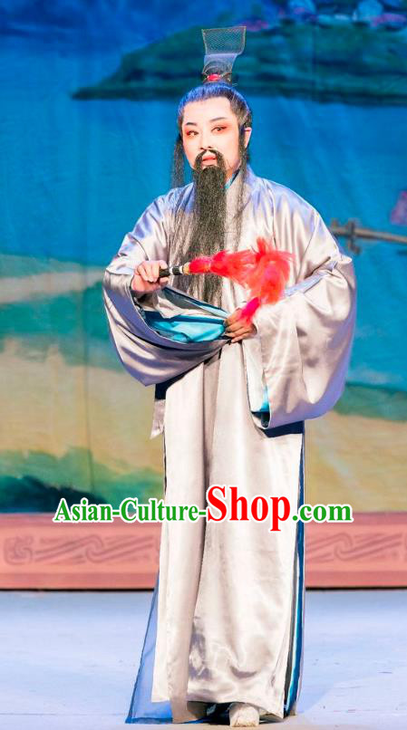 Chinese Yue Opera Elderly Man Apparels Costumes and Headpiece Hu Die Meng Butterfly Dream Shaoxing Opera Laosheng Garment Zhuang Zhou Grey Robe