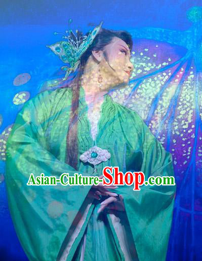 Chinese Shaoxing Opera Young Lady Green Dress Costumes and Headpieces Hu Die Meng Butterfly Dream Yue Opera Garment Female Apparels