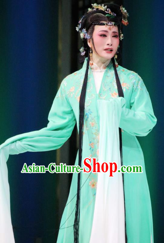 Chinese Shaoxing Opera Huadan Young Female Hui Niang Costumes and Hair Accessories Xiang Luo Ji Yue Opera Actress Garment Apparels Green Dress