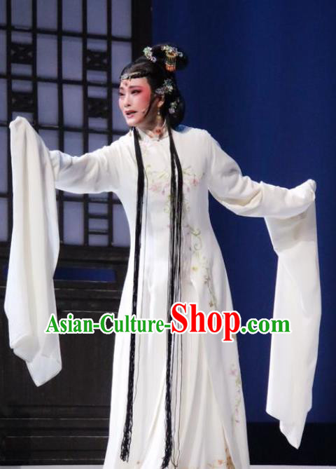 Chinese Shaoxing Opera Tsing Yi White Dress Young Female Hui Niang Costumes and Hair Accessories Xiang Luo Ji Yue Opera Actress Garment Apparels
