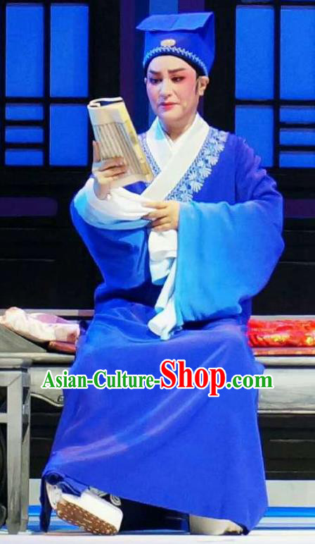 Chinese Yue Opera Niche Apparels Xiang Luo Ji Costumes and Headwear Shaoxing Opera Xiaosheng Young Male Garment Poor Scholar Zhang Blue Robe