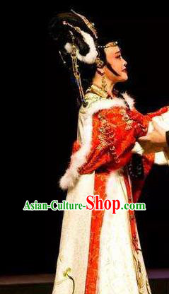 Chinese Shaoxing Opera Queen Actress Apparels Dress and Headdress The Desolate Palace of Liao Yue Opera Hua Tan Empress Xiao Guanyin Garment Costumes