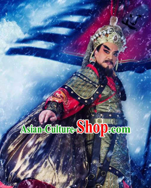 Chinese Yue Opera King Apparels Costumes and Headwear Shaoxing Opera The Desolate Palace of Liao Elderly Male Garment Clothing