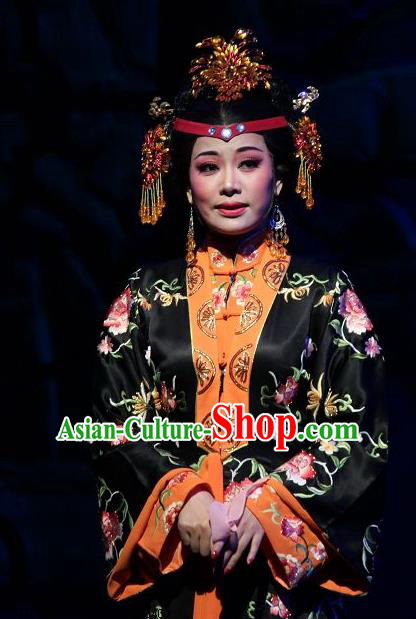 Chinese Shaoxing Opera Feng Jie Noble Dame Wang Xifeng Apparels Costumes and Hair Accessories Yue Opera Young Female Black Dress Garment
