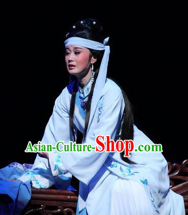 Chinese Shaoxing Opera Distress Maiden Feng Jie Costumes and Headdress Yue Opera Noble Consort You Erjie Dress Young Female Garment Apparels