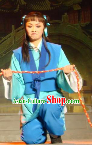 Lions Roar Chinese Yue Opera Young Servant Costumes and Headwear Shaoxing Opera Livehand Blue Garment Apparels