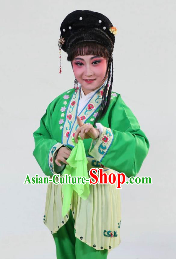 Chinese Shaoxing Opera Xiao Dan Green Garment Costumes and Headpieces Lions Roar Yue Opera Servant Woman Dress Apparels
