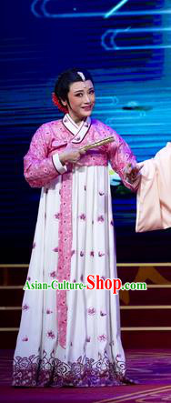 Chinese Shaoxing Opera Young Female Chun Xiang White Hanbok Apparels and Headpiece Chunh Yang Yue Opera Geisha Dress Korean Garment Costumes