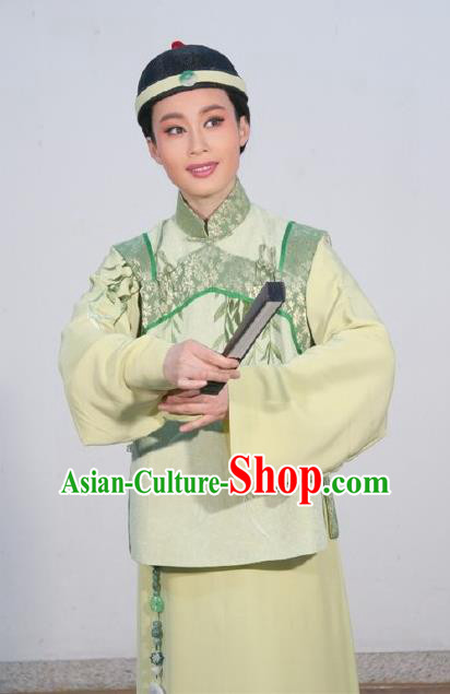 Chinese Yue Opera Young Male Costumes and Headwear Shaoxing Opera Ban Ba Jan Dao Apparels Qing Dynasty Childe Xu Tianci Garment Clothing