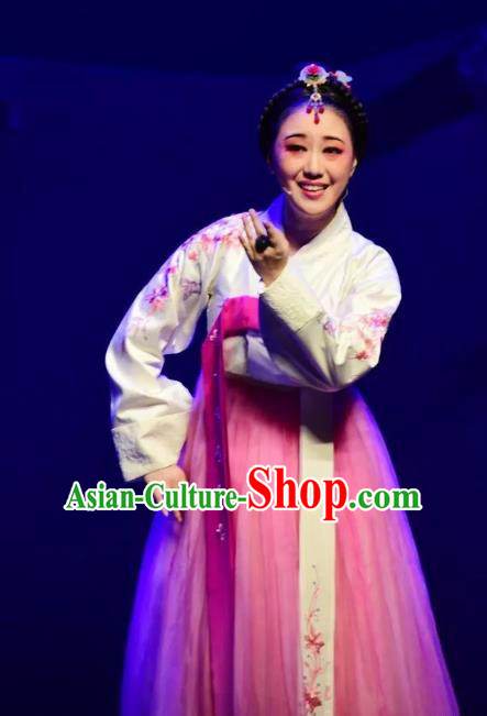 Chinese Shaoxing Opera Geisha Dress Chun Xiang Hanbok Apparels and Headwear Chunh Yang Yue Opera Korean Garment Young Female Costumes