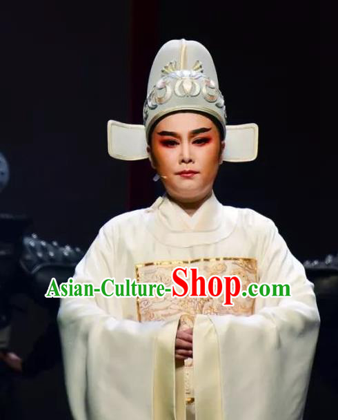 Chinese Yue Opera Young Man Li Menglong Garment Costumes and Headwear Shaoxing Opera Chunh Yang Scholar Apparels Official White Embroidered Robe