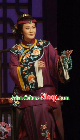 Chinese Shaoxing Opera Middle Age Woman Costumes and Headdress Ban Ba Jan Dao Yue Opera Dame Purple Dress Garment Apparels