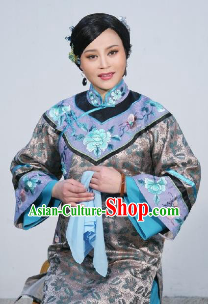 Chinese Shaoxing Opera Elderly Woman Apparels Costumes and Headpieces Ban Ba Jan Dao Yue Opera Dress Rich Consort Garment