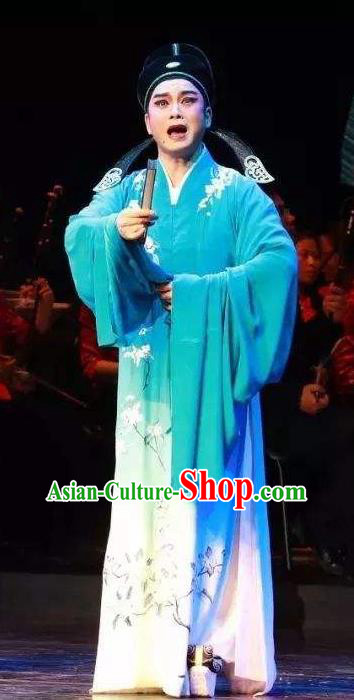 Chinese Yue Opera Young Male Green Robe Costumes and Hat Shaoxing Opera The Romance of West Chamber Xiao Sheng Niche Scholar Zhang Apparels Garment