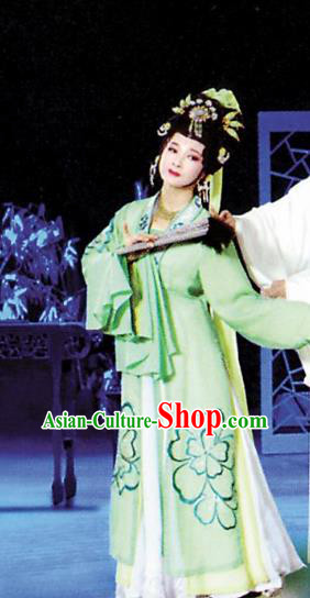 Chinese Shaoxing Opera Hua Tan Actress Apparels Costumes and Hair Accessories Li Hui Niang Yue Opera Young Lady Garment Green Dress
