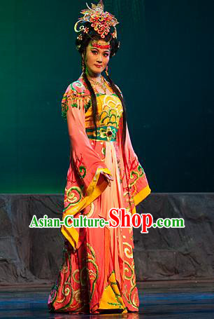 Chinese Shaoxing Opera HUa Tan Costumes and Hair Accessories Yue Opera Hai Ming Zhu Princess Hailong Dress Apparels Actress Garment