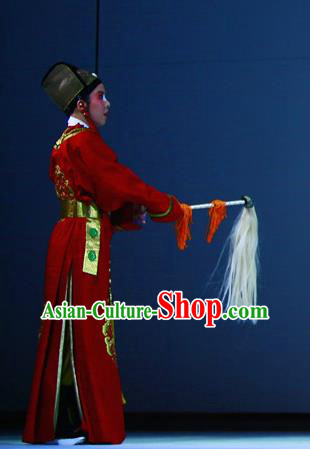 Liu Yong Chinese Yue Opera Figurant Chou Role Garment and Hat Shaoxing Opera Eunuch Costumes Red Robe Apparels