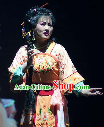 Chinese Shaoxing Opera Fisher Maiden Costumes and Hair Accessories Yue Opera Hua Tan Hai Ming Zhu Actress Garment Dress Apparels