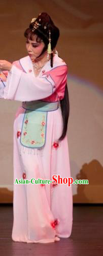 Chinese Shaoxing Opera Xiaodan Garment Apparels From Love to Patriotism Deliver the Messenger Costumes and Hair Accessories Yue Opera Actress Court Maid Ji Di Pink Dress