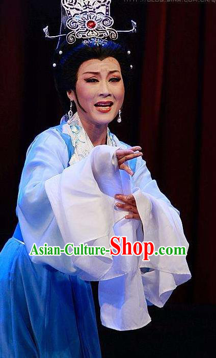 Chinese Shaoxing Opera Hua Tan Blue Dress and Headdress Xun An Zhan Fu Yue Opera Taoist Nun Li Yuesu Garment Apparels Costumes
