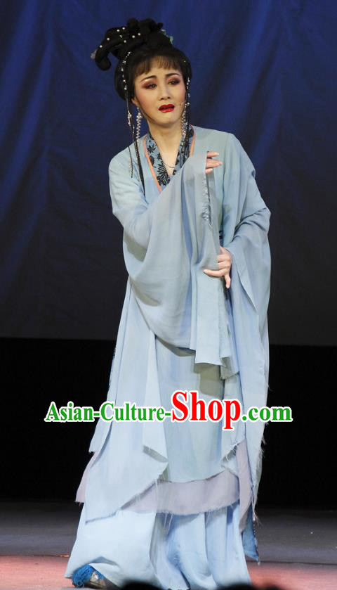 Chinese Shaoxing Opera Actress Blue Dress and Headpieces The Princess Messenger Farewell at Lakeside Yue Opera Hua Tan Garment Apparels Dragon Girl Costumes