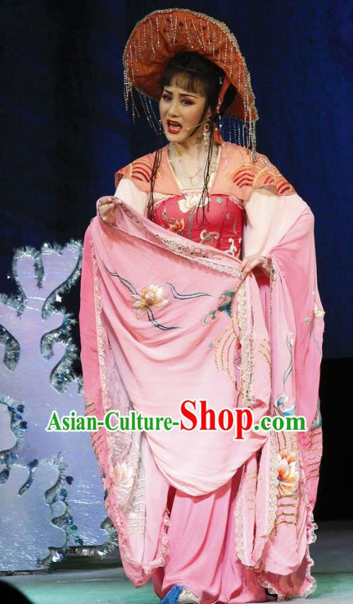 Chinese Shaoxing Opera Actress Pink Dress Apparels Costumes and Tassel Hat The Princess Messenger Farewell at Lakeside Yue Opera Hua Tan Dragon Princess San Niang Garment