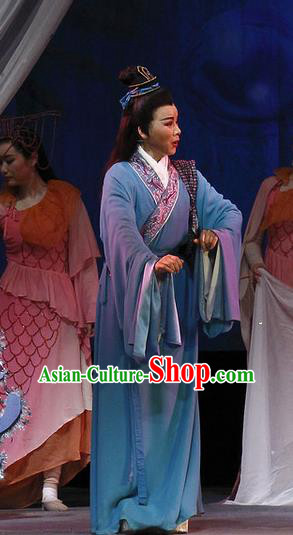 Chinese Yue Opera Scholar Blue Robe Apparels and Headwear The Princess Messenger Farewell at Lakeside Shaoxing Opera Young Male Liu Yi Garment Costumes