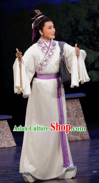 Chinese Yue Opera Niche Scholar White Robe Apparels and Headwear The Princess Messenger Farewell at Lakeside Shaoxing Opera Xiaosheng Liu Yi Garment Costumes