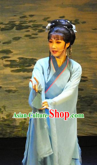 Chinese Shaoxing Opera Young Lady Blue Dress Costumes and Hair Accessories The Princess Messenger Farewell at Lakeside Yue Opera Hua Tan Garment Apparels