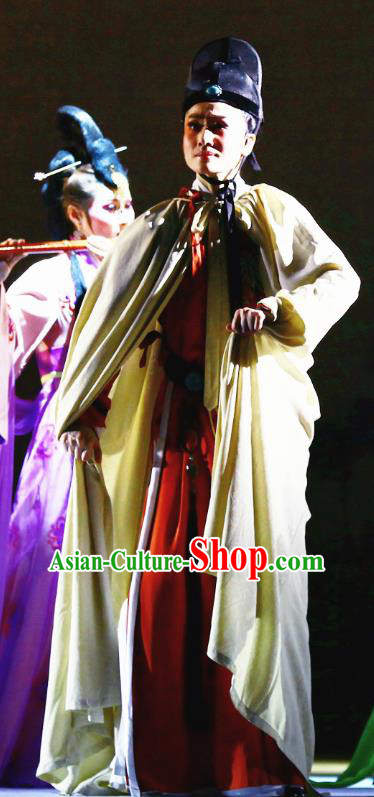Chinese Yue Opera Young Man Liu Yong Garment and Headwear Shaoxing Opera Xiao Sheng Costumes Apparels Scholar Clothing with Cape