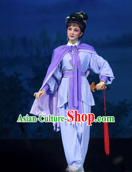 Chinese Shaoxing Opera Wudan Purple Dress Garment and Hair Accessories Yue Opera Zhuang Yuan Da Geng Martial Female Liu Chanjin Apparels Costumes