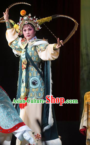 Chinese Shaoxing Opera Blues Dress Garment and Headpieces Yue Opera Zhuang Yuan Da Geng Martial Female Liu Chanjin Apparels Tao Ma Tan Armor Costumes