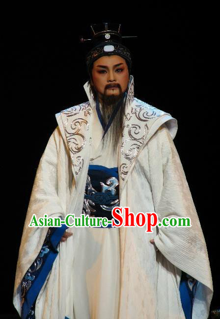 Chinese Yue Opera Elderly Male White Embroidered Robe Yu Beauty Laosheng Apparels Costumes and Headwear Shaoxing Opera Official Zhang Liang Garment