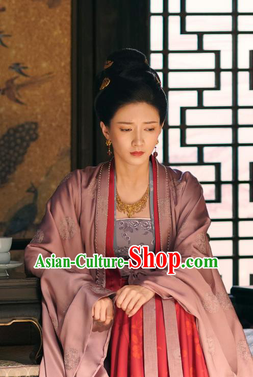 Chinese Ancient Court Empress Cao Danshu Historical Costumes and Headpieces Drama Serenade of Peaceful Joy Song Dynasty Queen Dress Apparels