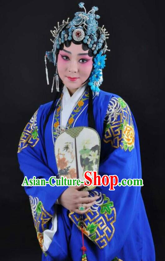 Chinese Shaoxing Opera Hua Tan Blue Cape Costumes and Headdress Tao Li Mei Yue Opera Actress Apparels Young Lady Dress Garment