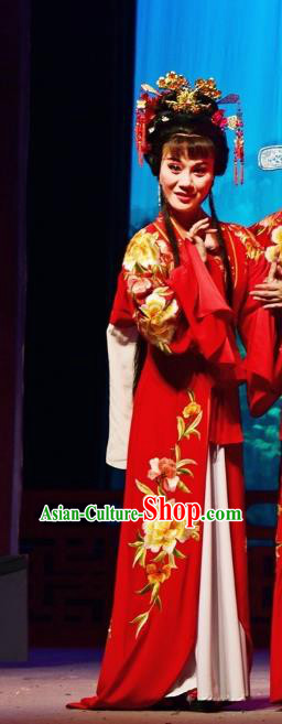 Chinese Shaoxing Opera Diva Wedding Garment and Headdress Tao Li Mei Yue Opera Hua Tan Costumes Bride Red Dress Apparels