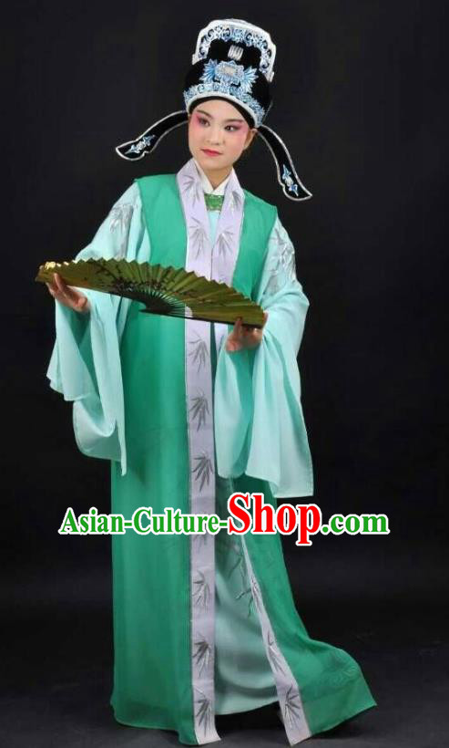 Li Mei Yue Chinese Yue Opera Young Man Green Costumes and Hat Shaoxing Opera Xiaosheng Garment Scholar Apparels Clothing