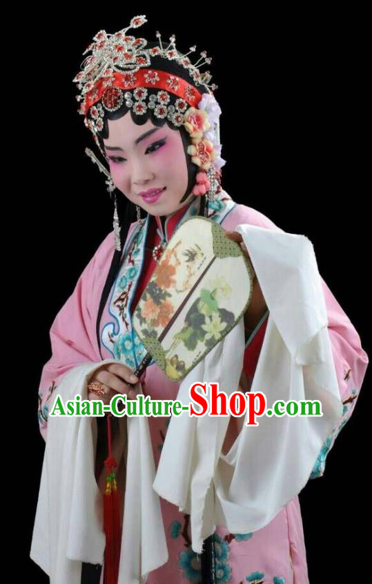 Chinese Shaoxing Opera Hua Tan Dress Costumes and Headdress Tao Li Mei Yue Opera Huadan Young Lady Garment Apparels