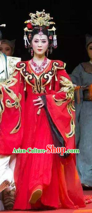 Chinese Shaoxing Opera Hua Tan Red Dress Costumes and Headpieces Han Feizi Yue Opera Actress Princess Apparels Garment