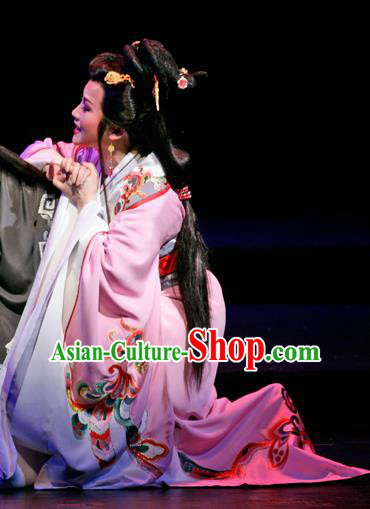 Chinese Shaoxing Opera Hua Tan Pink Dress Garment Costumes and Headpieces Han Feizi Yue Opera Actress Princess Ning Yang Apparels