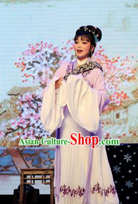 Chinese Shaoxing Opera Young Female Dress Costumes and Headdress He Wenxiu Yue Opera Hua Tan Wan Lanying Garment Apparels