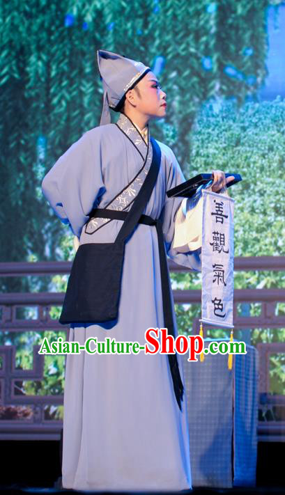 He Wenxiu Chinese Yue Opera Soothsayer Garment Apparels and Hat Shaoxing Opera Xiaosheng Young Male Costumes