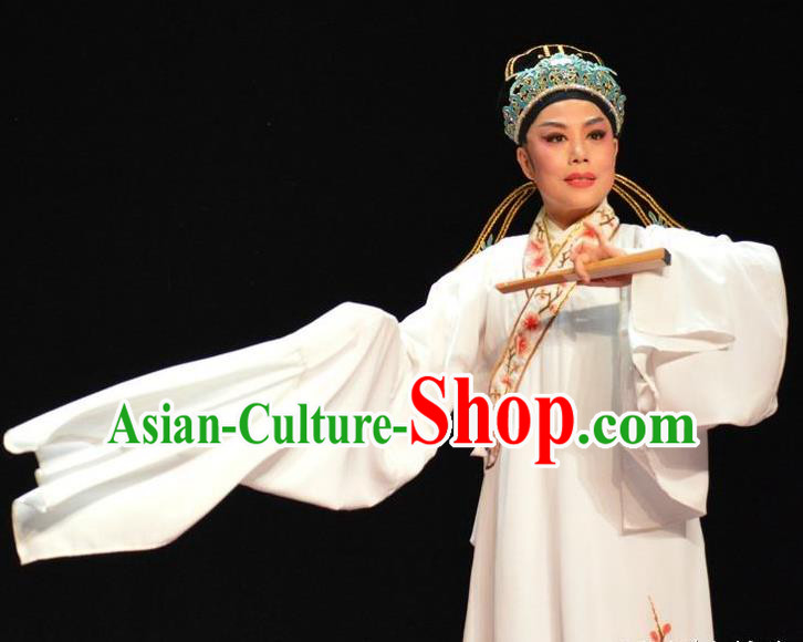 He Wenxiu Chinese Yue Opera Scholar Garment Apparels and Hat Shaoxing Opera Xiaosheng Young Male Costumes Niche White Robe